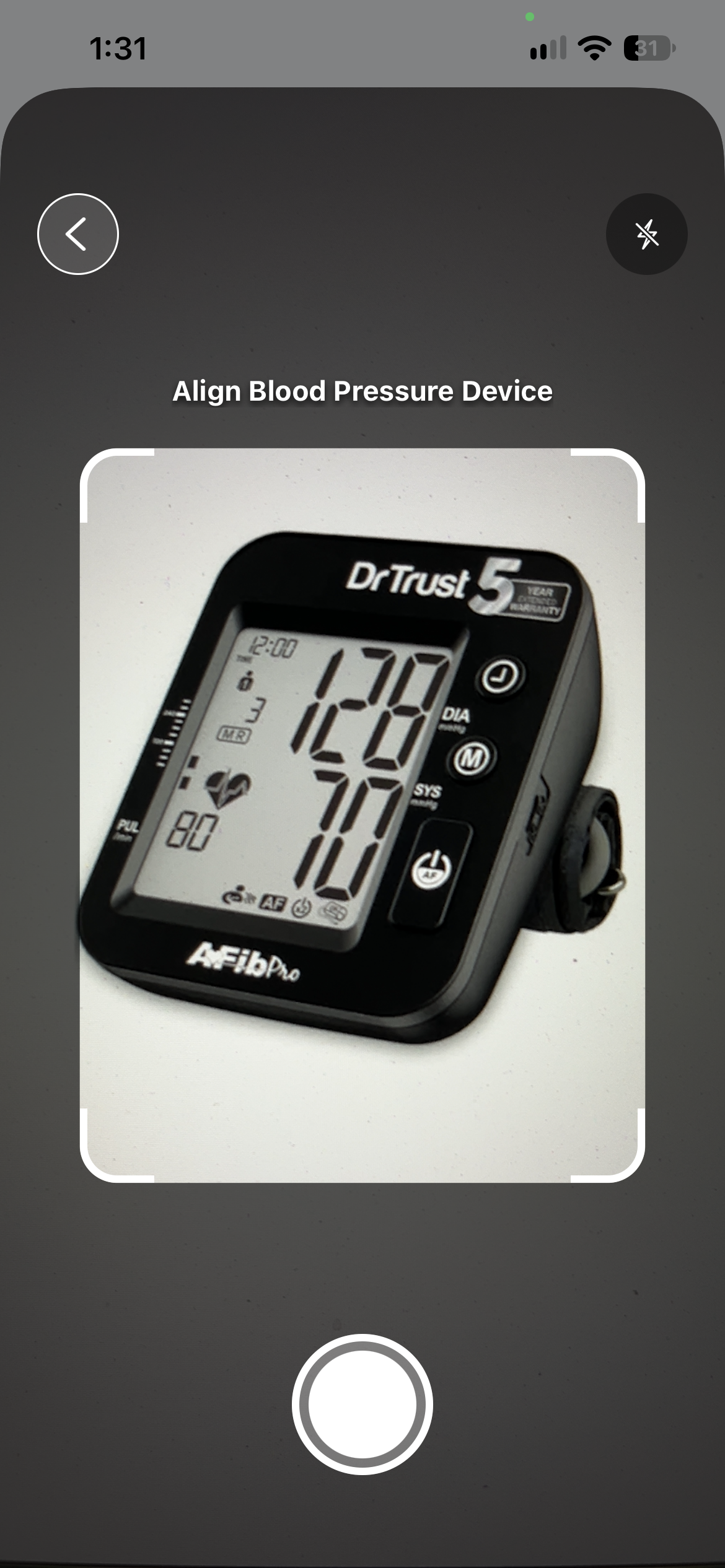 Camera view lining a blood pressure monitor up inside a guide frame
