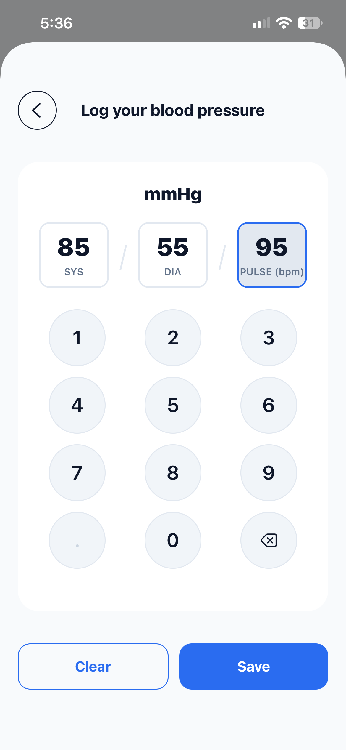 Manual entry form for a blood pressure reading with systolic, diastolic, and pulse typed in