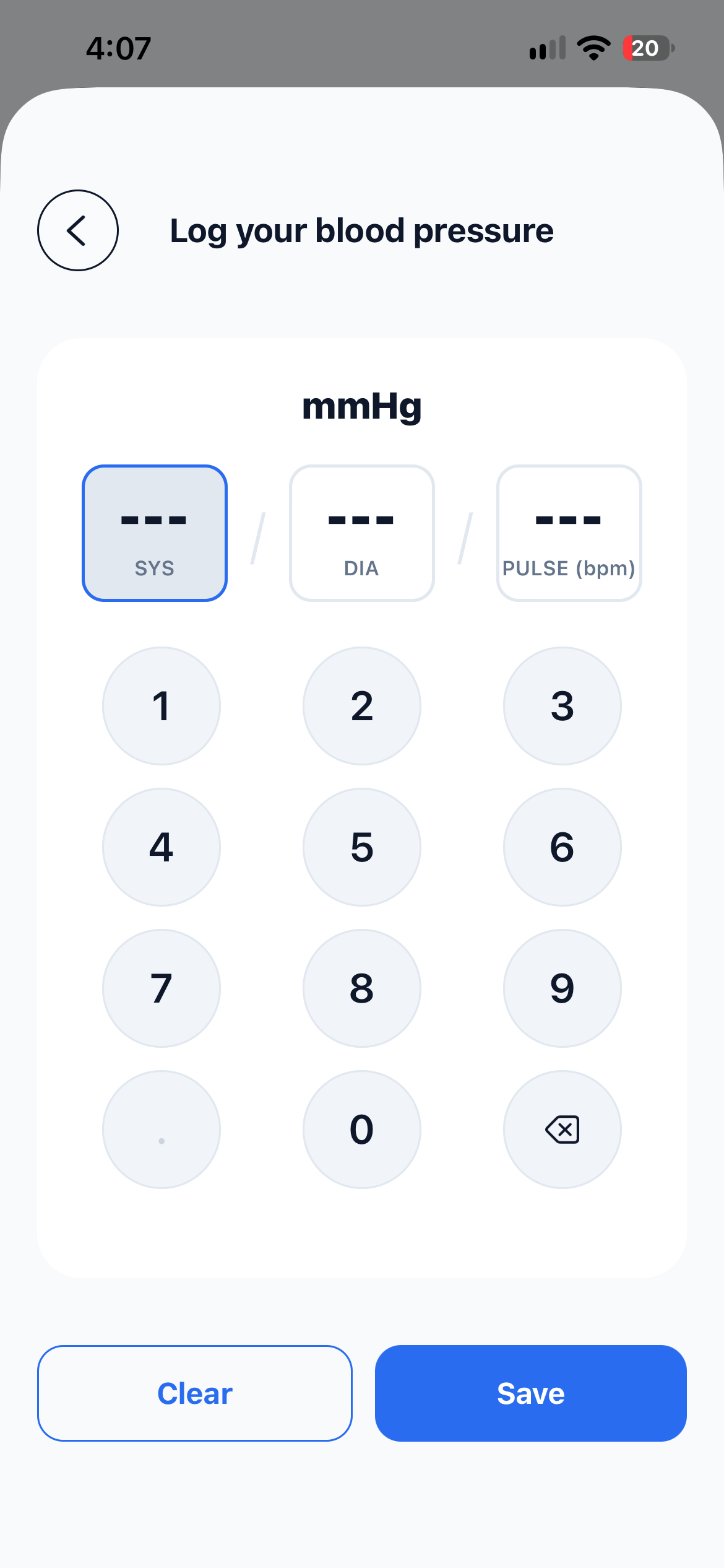 Empty manual entry form for a blood pressure reading