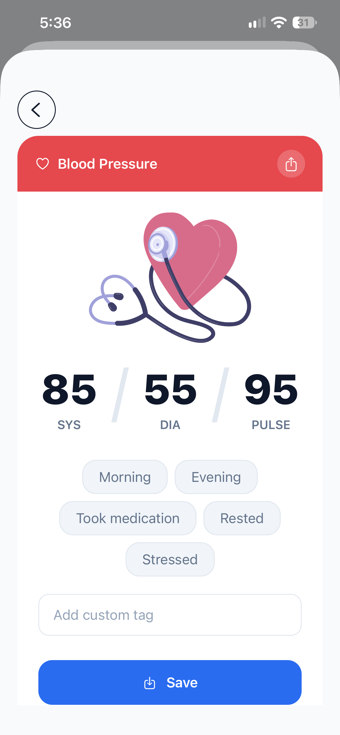 Blood pressure reading saved from manual entry, with tag chips and a free-text tag field