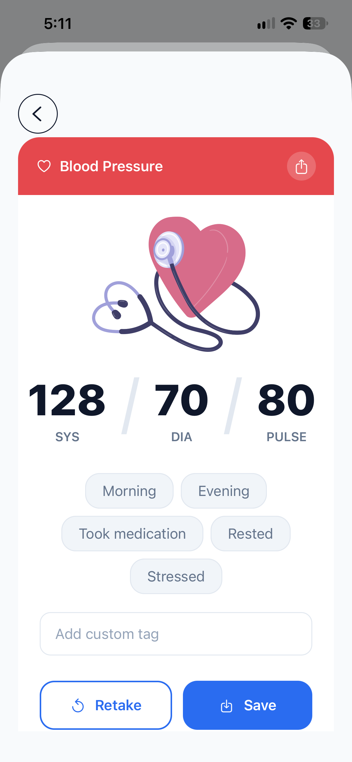 Blood pressure reading shown as 128 over 77 with a pulse of 80, tag chips, and a free-text tag field