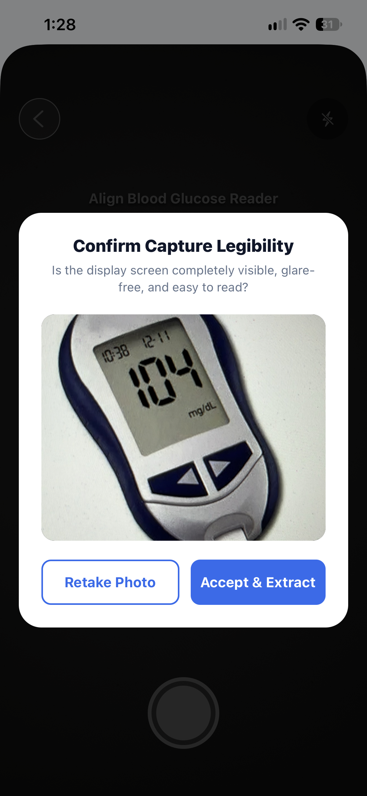 Prompt asking whether the photo of the meter display is clear before continuing