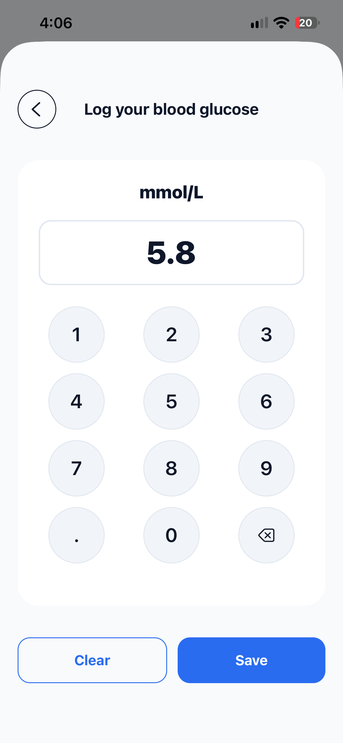 Manual entry form for a blood glucose reading with a value typed in