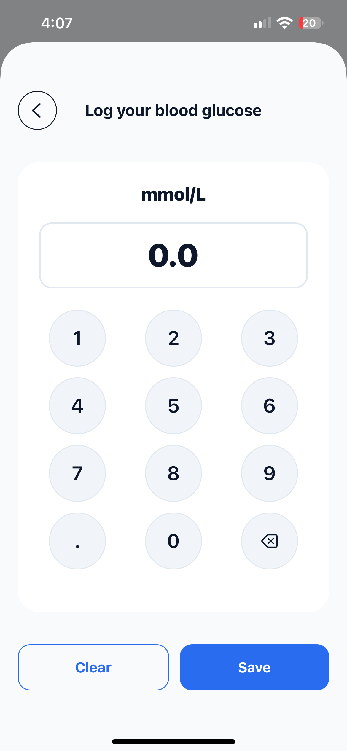 Empty manual entry form for a blood glucose reading