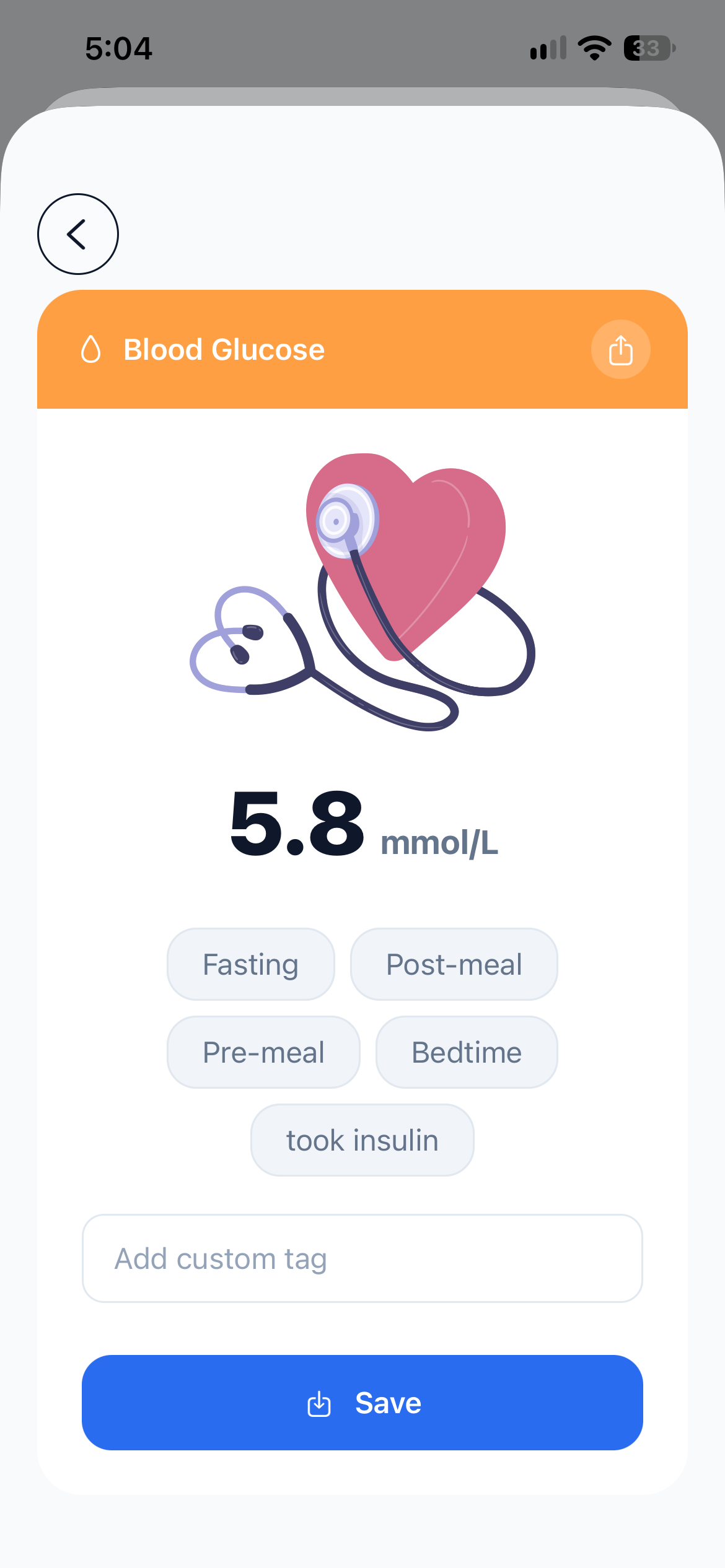 Blood glucose reading saved from manual entry, with optional tags and a save button