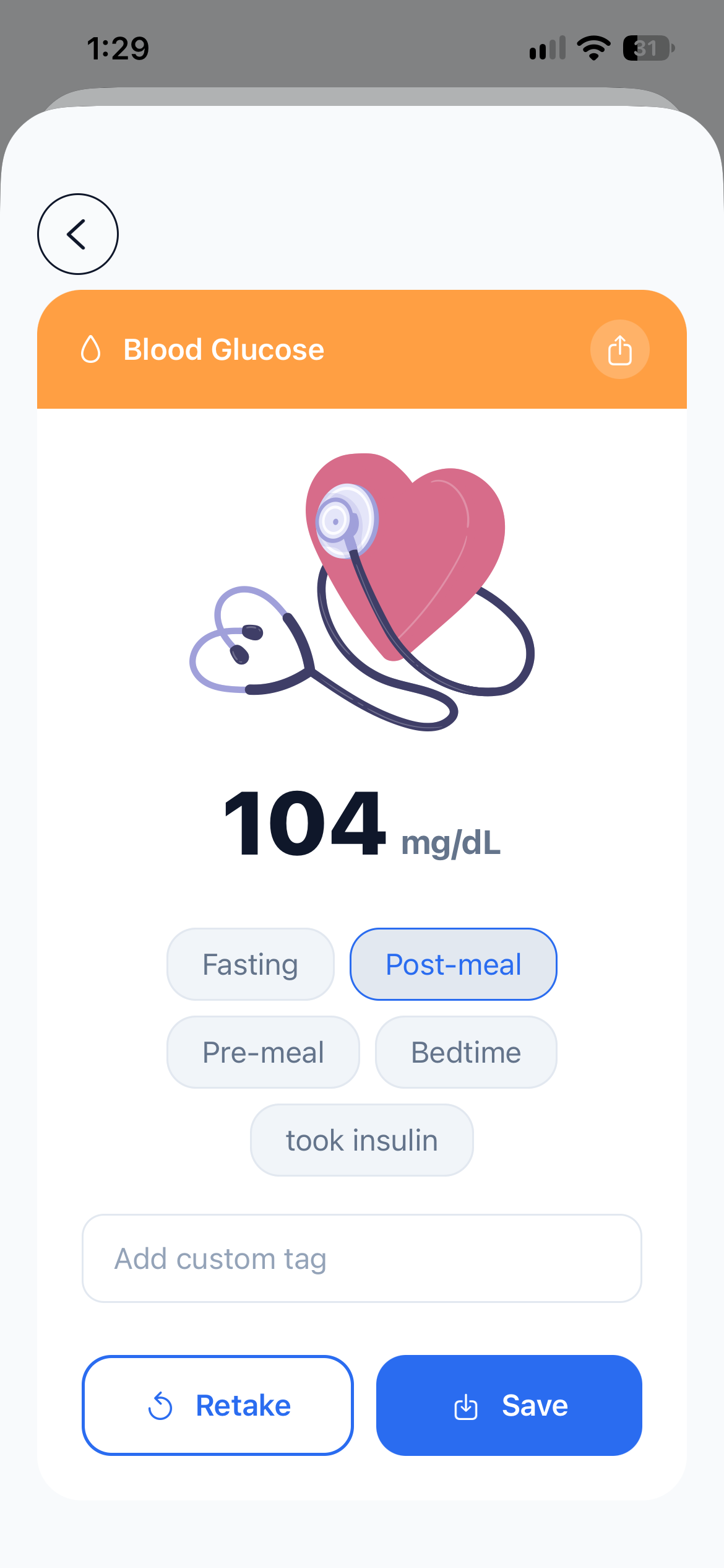 Reading shown as 104 milligrams per decilitre with optional tags and a save button