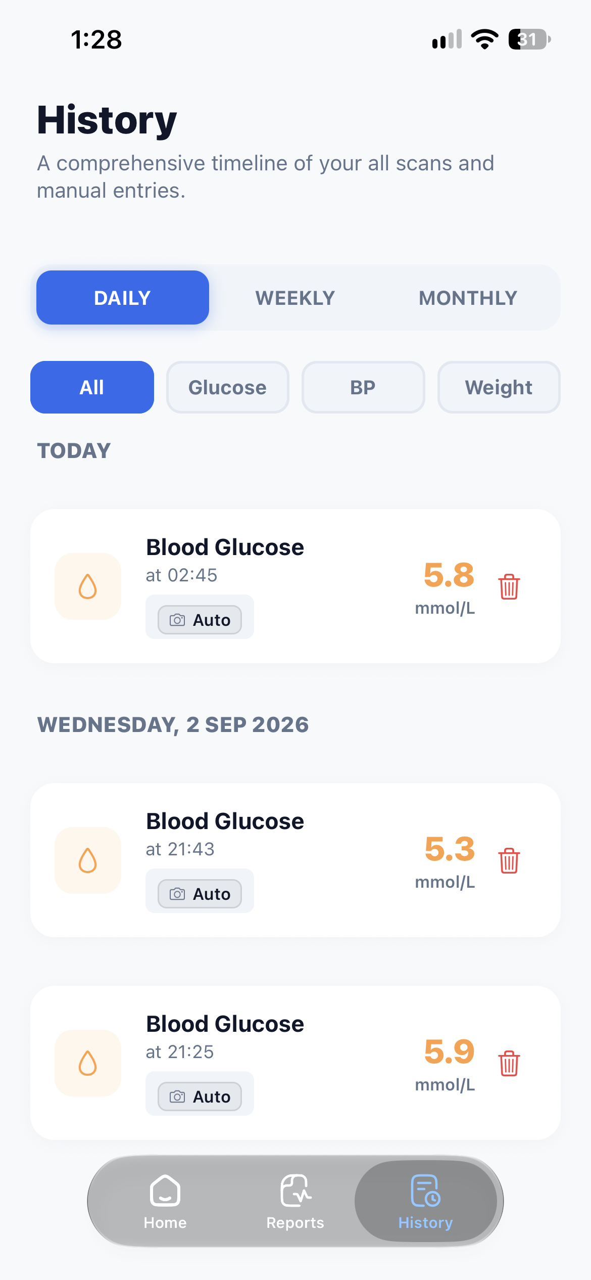 History timeline listing saved glucose readings grouped by day