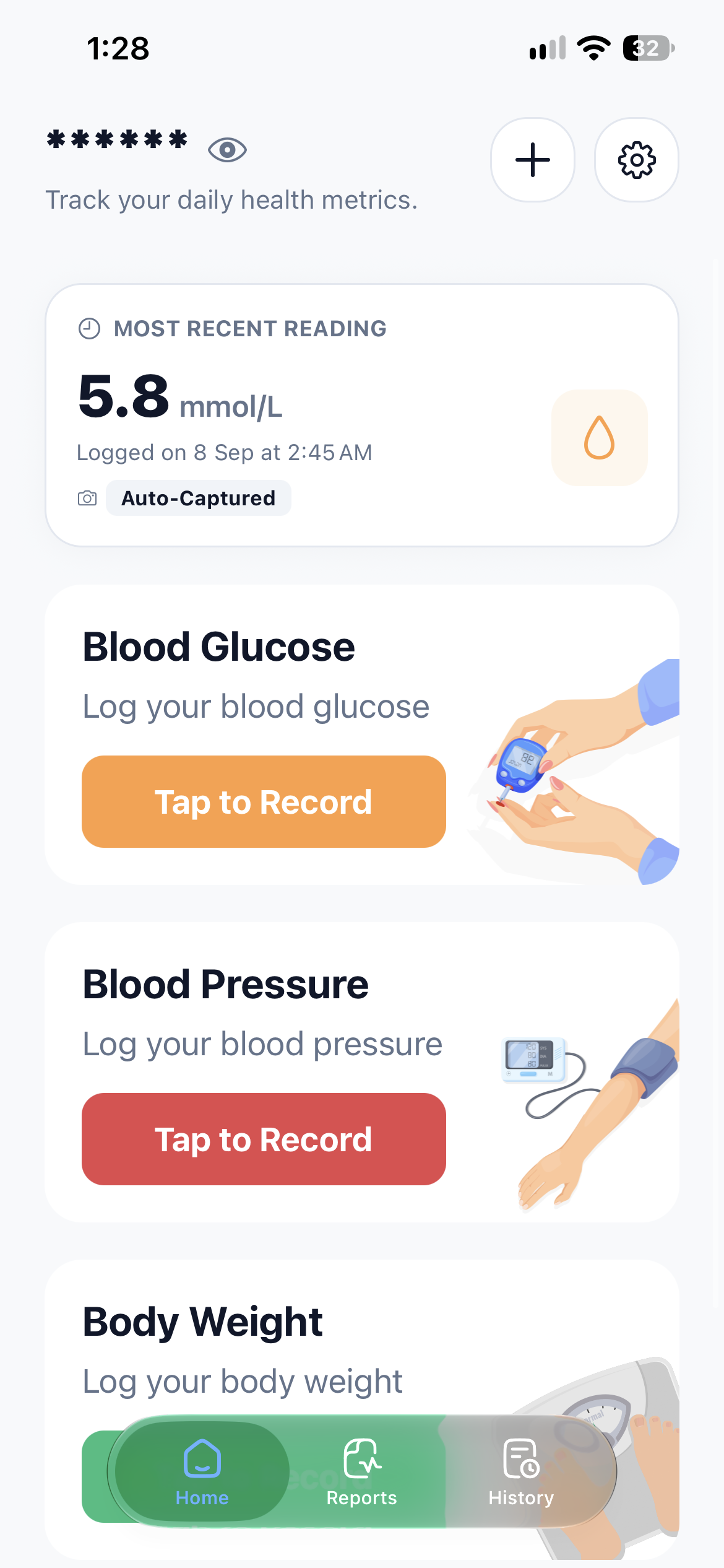 Synapsis home screen showing the most recent glucose reading and shortcuts to record glucose, blood pressure, and body weight