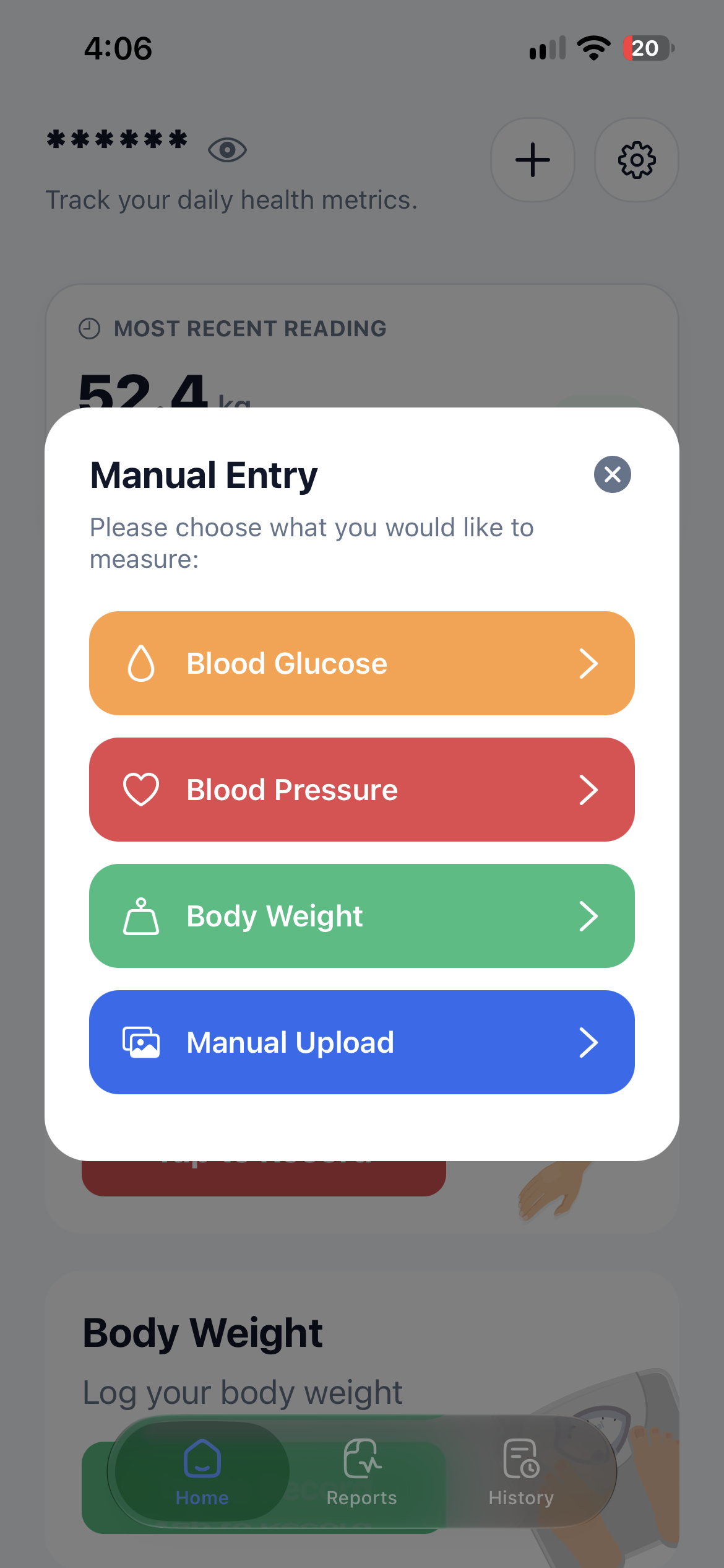 Manual entry menu offering blood glucose, blood pressure, and body weight