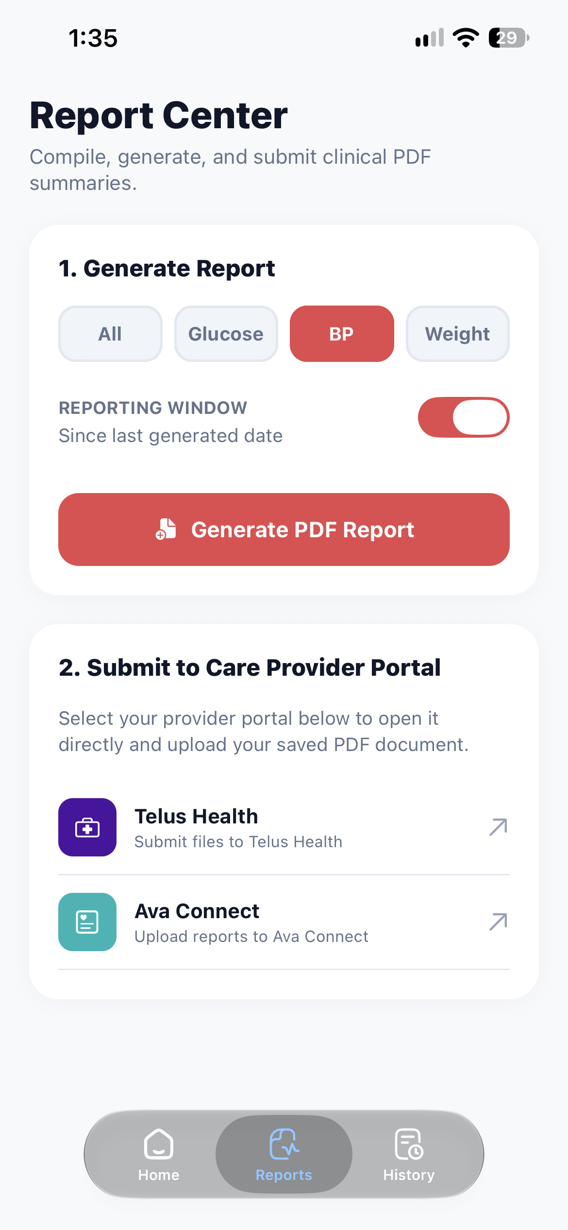 Report Center with blood pressure selected as the report subject