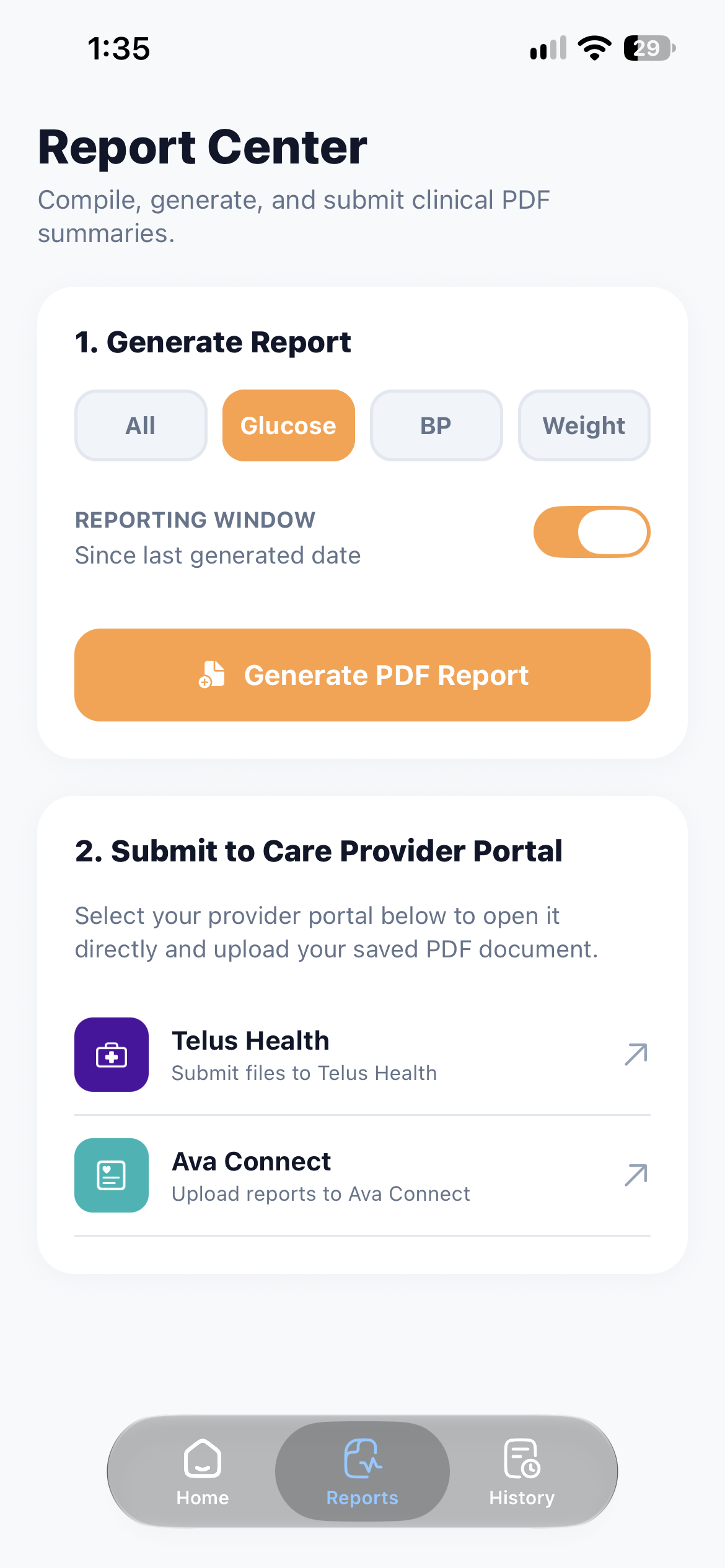 Report Center with blood glucose selected as the report subject