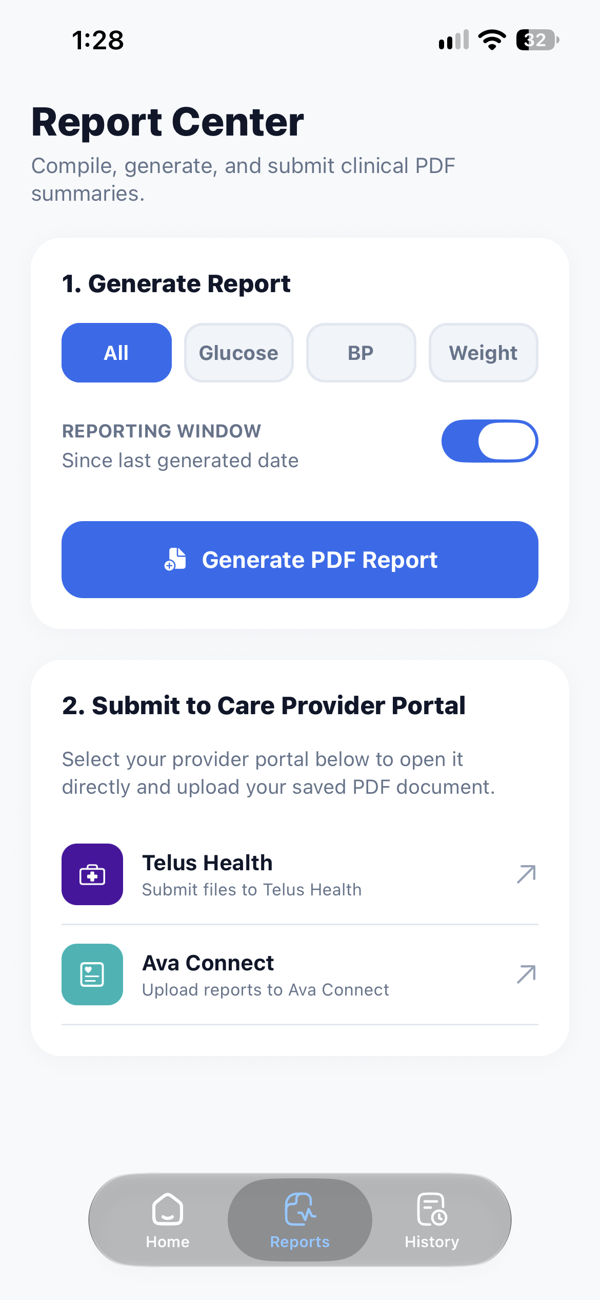 Report Center with a PDF report generator and links to care provider portals