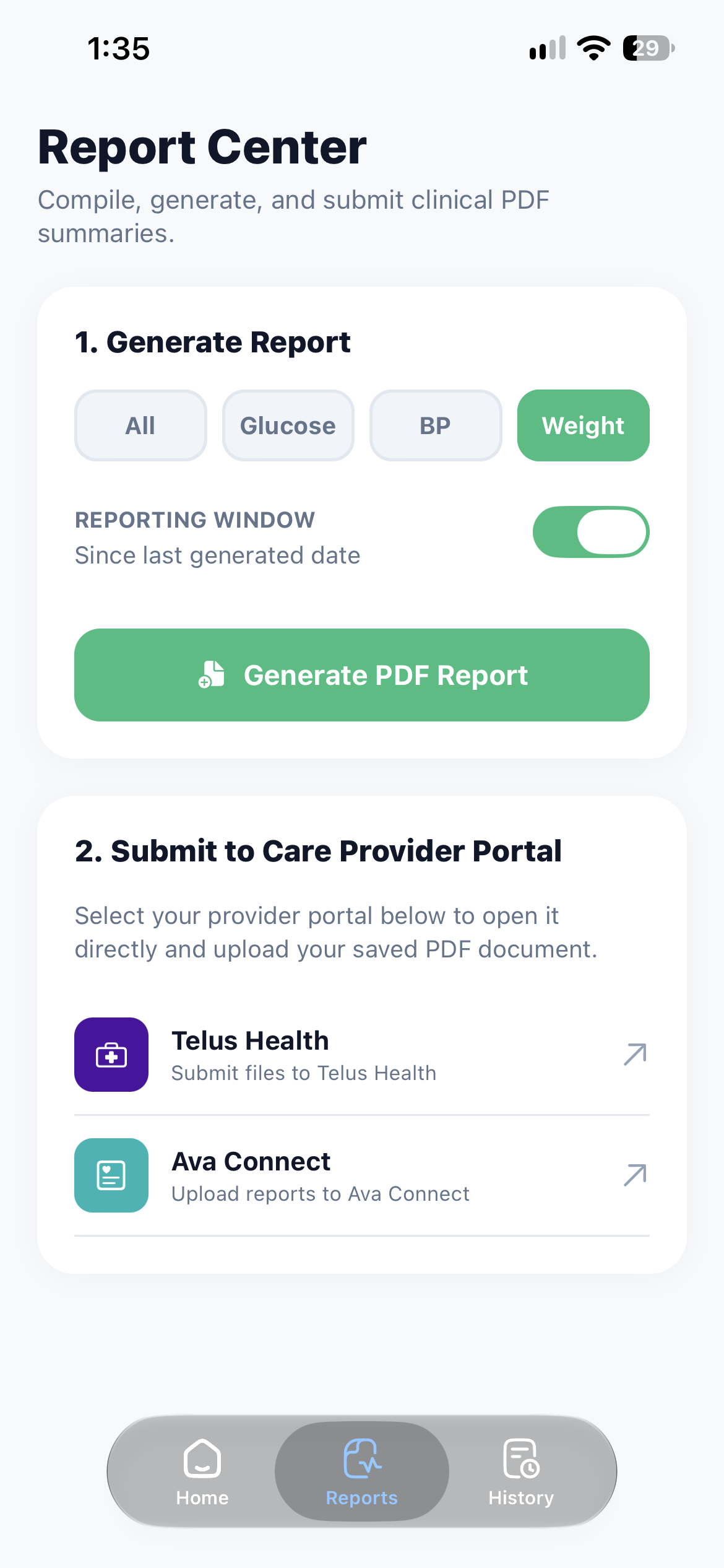 Report Center with body weight selected as the report subject