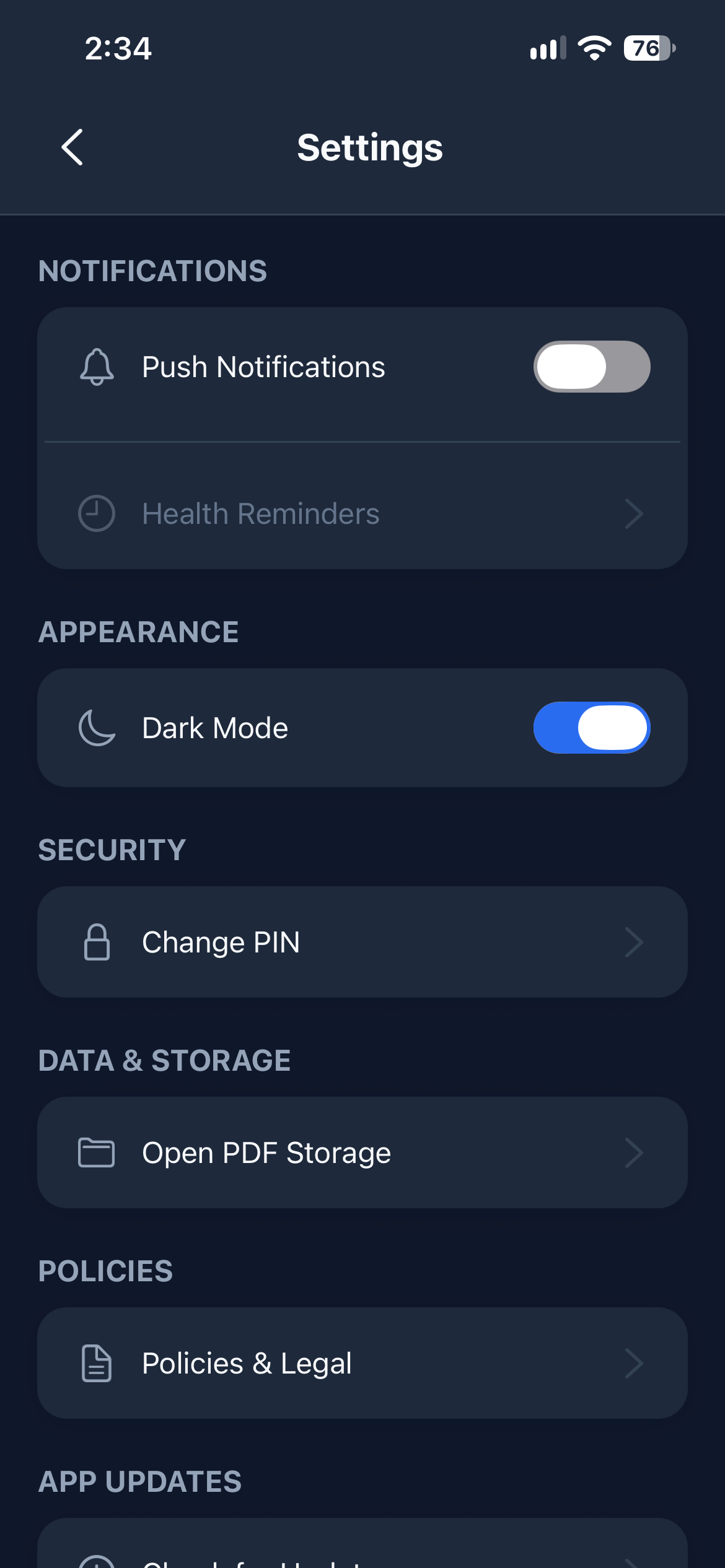 The same settings screen in dark appearance