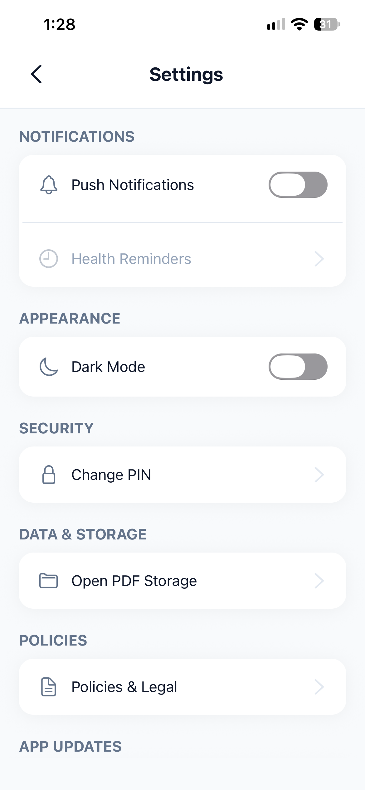 Settings screen with notification, appearance, PIN, storage, and policy options