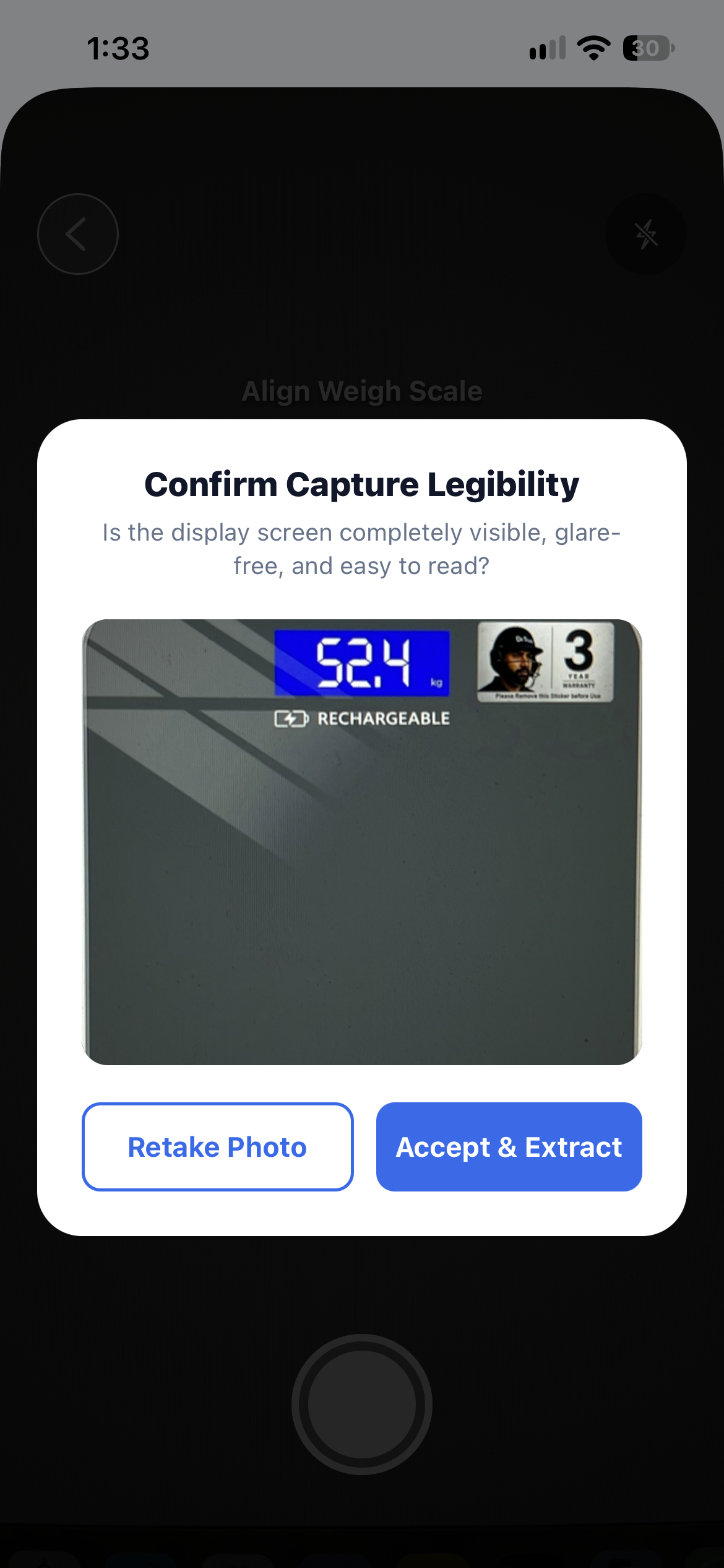 Prompt asking whether the photo of the scale display is clear before continuing