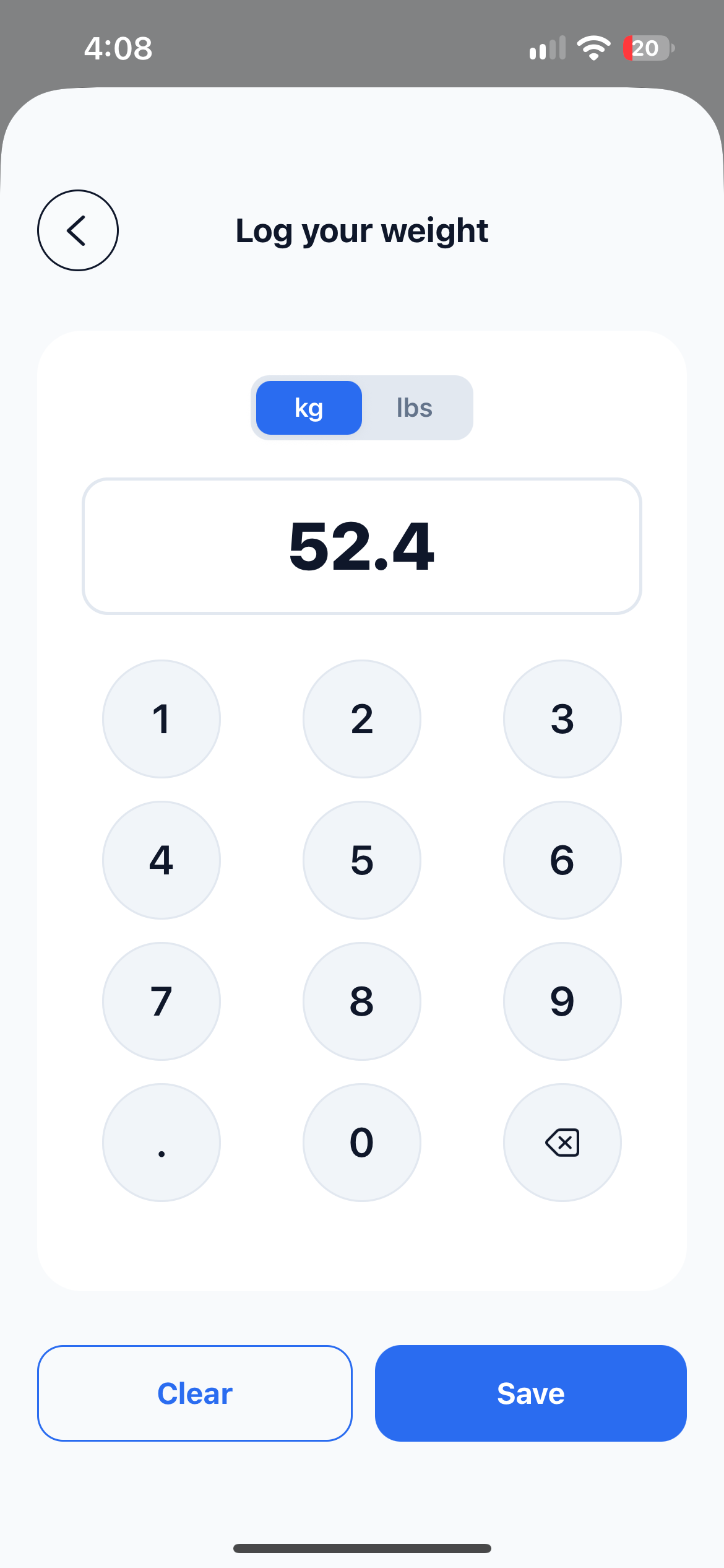 Manual entry form for a body weight reading with a value typed in kilograms
