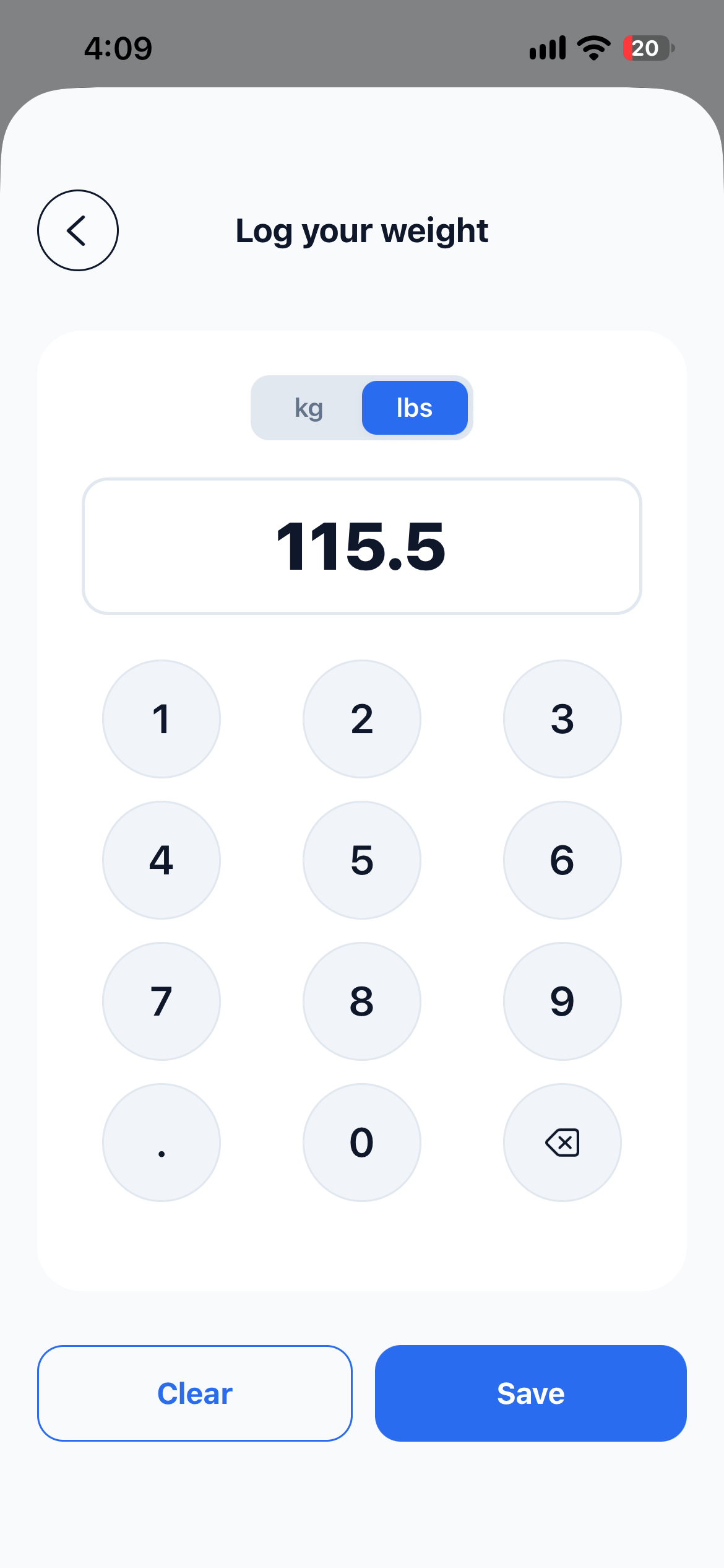 Manual entry form for a body weight reading with a value typed in pounds