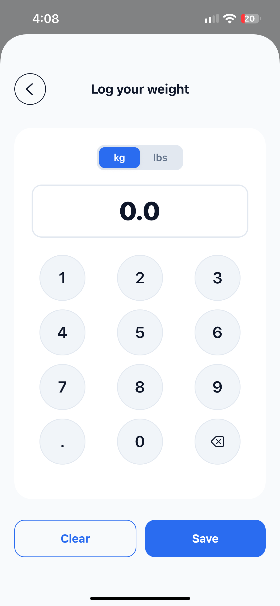 Empty manual entry form for a body weight reading