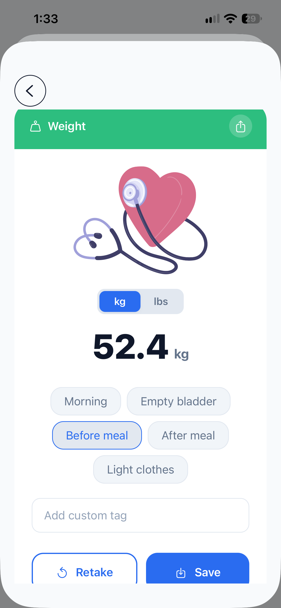 Body weight reading shown in kilograms with optional tags and a save button