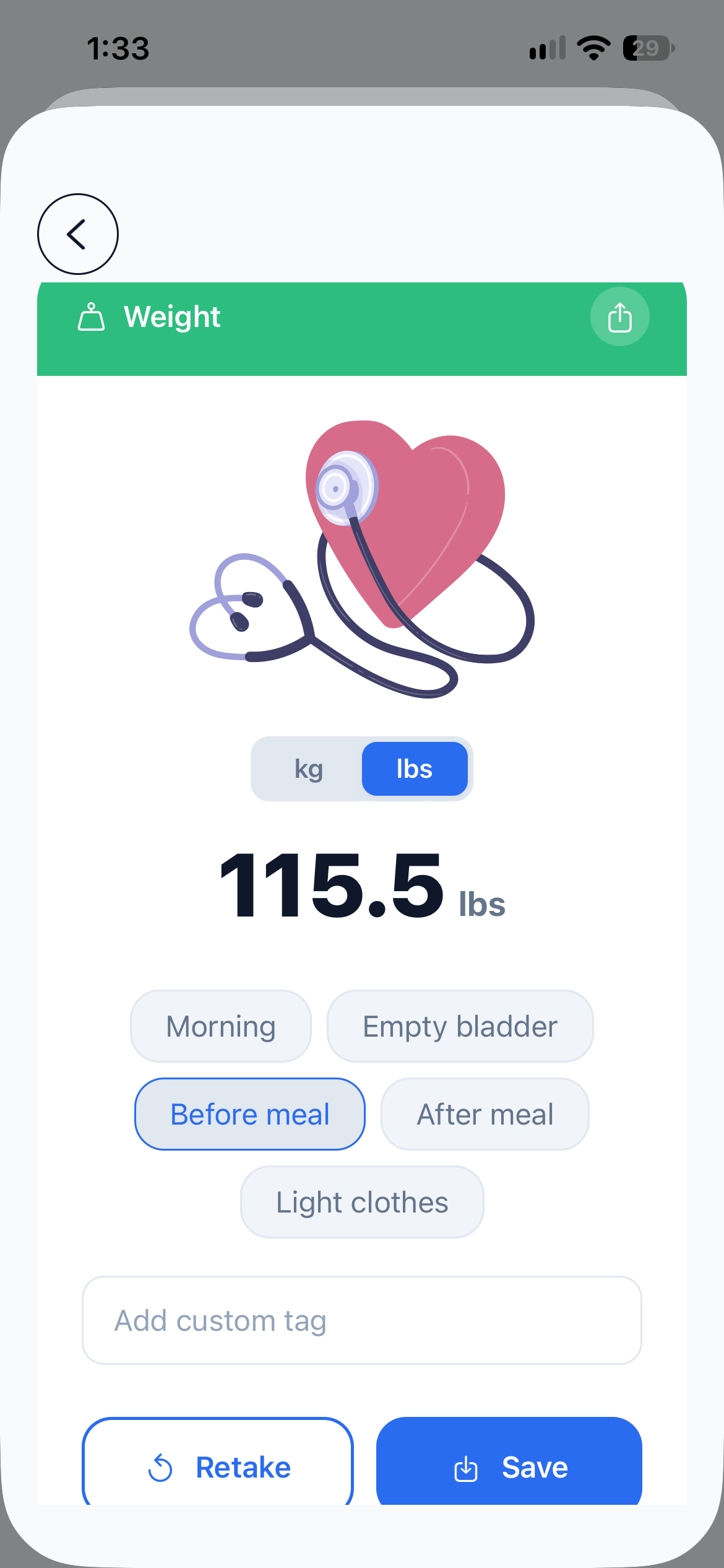 The same body weight reading shown in pounds with optional tags and a save button